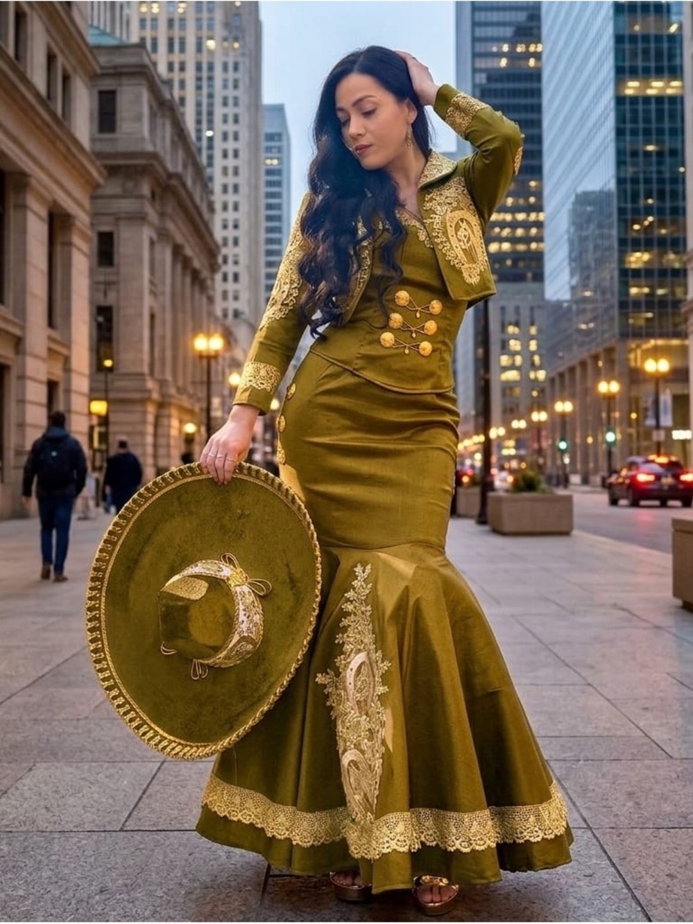 Olive Green Embroidered Trumpet Skirt - Women Skirts